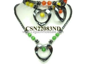 Assorted Color Cat's Eye Opal Beads Hematite Heart Pendant Chain Choker Fashion Necklace